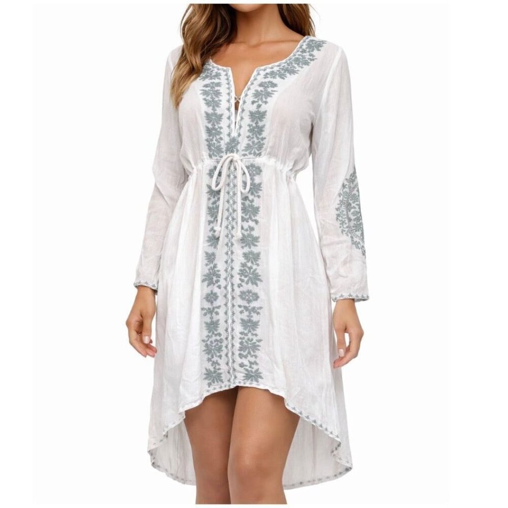 White boho-style tunic dress with soft sage-green floral embroidery lined SZ SM